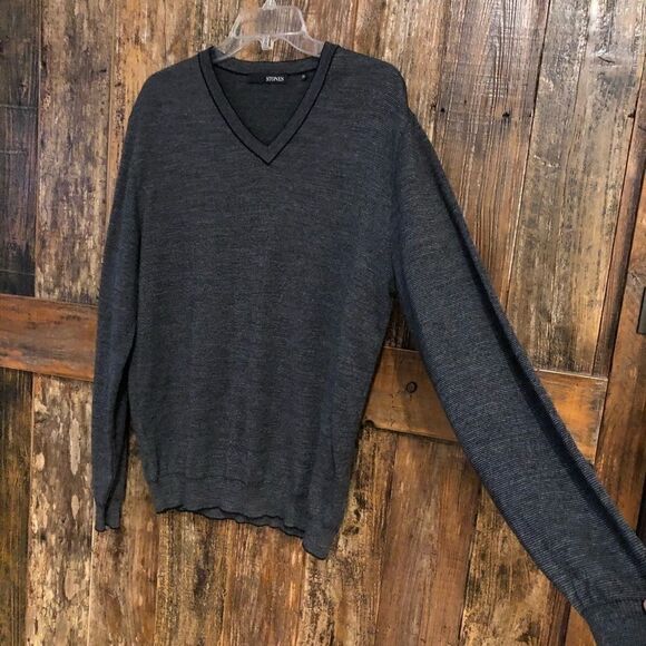 Stones Men’s Sz XL Gray Black Stripe V-Neck Wool Long Sleeve Sweater - Picture 7 of 8